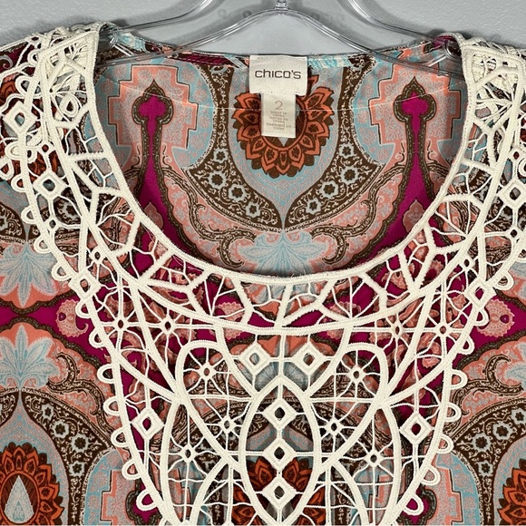Boho Safari Chic Crochet Blouse Sz Medium Large Oversized 3/4 Sleeve Chico’s Top - Picture 4 of 9